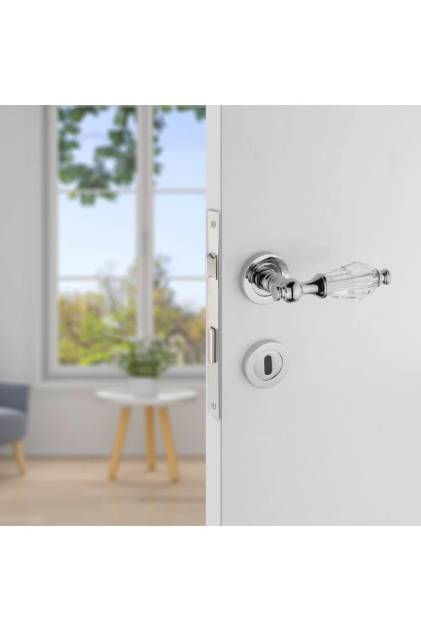 Topkapı Kristal Cam Rozetli Krom Oda Kapı Kolu Koldoor 5 Takım