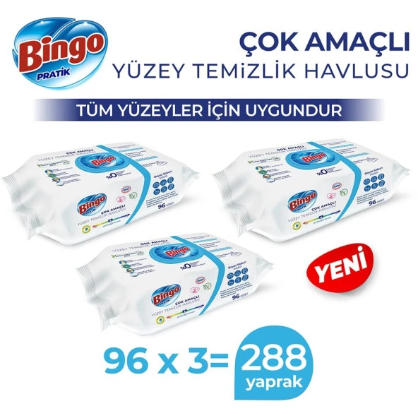 Bingo Beyaz Sabun Katkılı Pratik Yüzey Temizlik Havlusu 3 x 96'lı