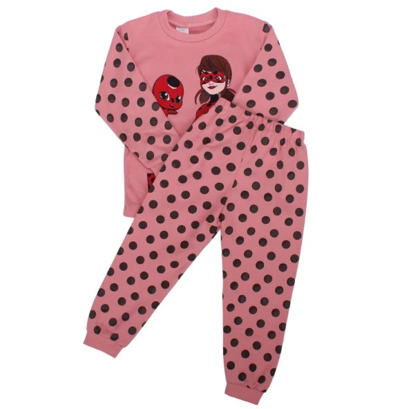 Kız Çocuk Somon Maskeli Uğur Böceği Baskılı Puanlı Pijama Takımı