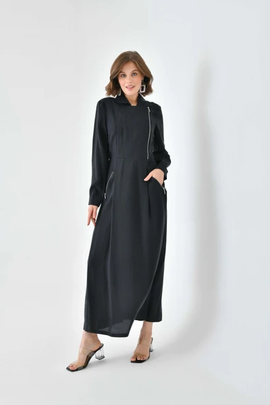 FTZ Women Kadın Modal Fermuarlı Elbise  Siyah 30719 - Resim 5