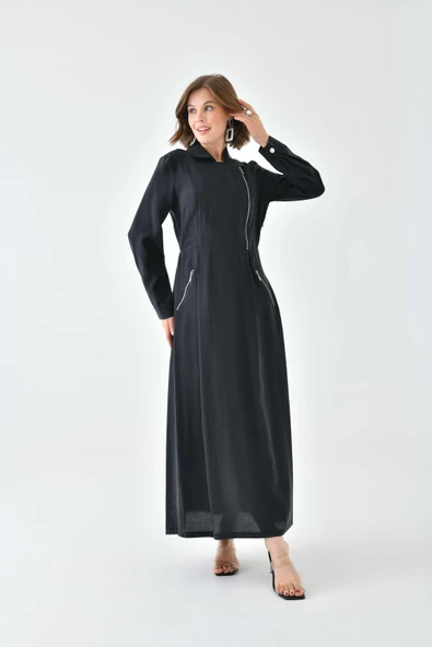 FTZ Women Kadın Modal Fermuarlı Elbise  Siyah 30719 - Resim 3