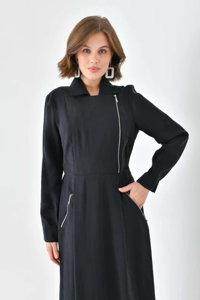 FTZ Women Kadın Modal Fermuarlı Elbise  Siyah 30719 - Resim 6