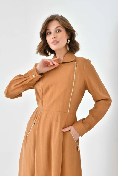 FTZ Women Kadın Modal Fermuarlı Elbise  Sütlü Kahve 30719 - 6