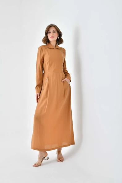 FTZ Women Kadın Modal Fermuarlı Elbise  Sütlü Kahve 30719 - 4