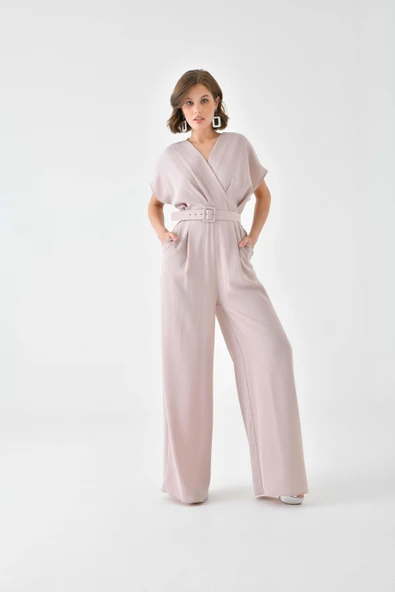 FTZ Women Kadın Kemerli Tulum  Beige 30724 - Resim 2