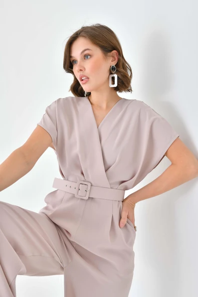 FTZ Women Kadın Kemerli Tulum  Beige 30724 - Resim 6