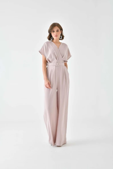 FTZ Women Kadın Kemerli Tulum  Beige 30724 - Resim 4