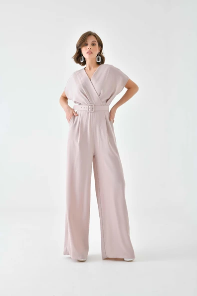 FTZ Women Kadın Kemerli Tulum  Beige 30724 - Resim 5