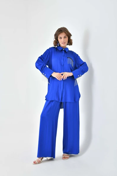 Kadın Saçaklı Taşlı Takım Saks Mavi 30721 - 5
