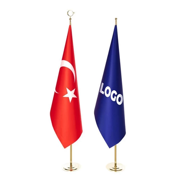 Türk Makam Bayrağı ve Logolu Makam Bayrağı + Sarı Direk (Simsiz) - 1