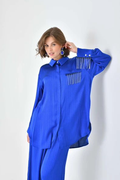 Kadın Saçaklı Taşlı Takım Saks Mavi 30721 - 6