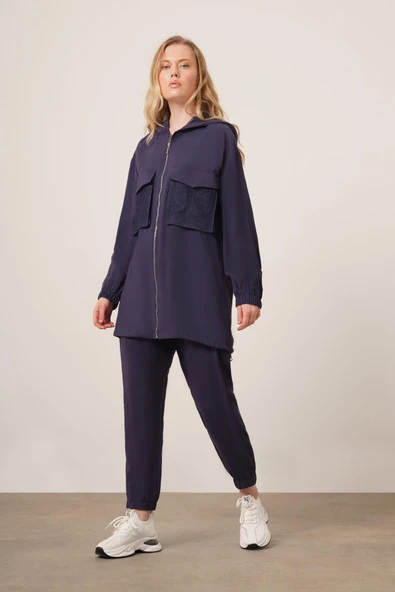 FTZ Women Kadın File Detaylı Pantolonlu Takım  Lacivert 30713 - Resim 4