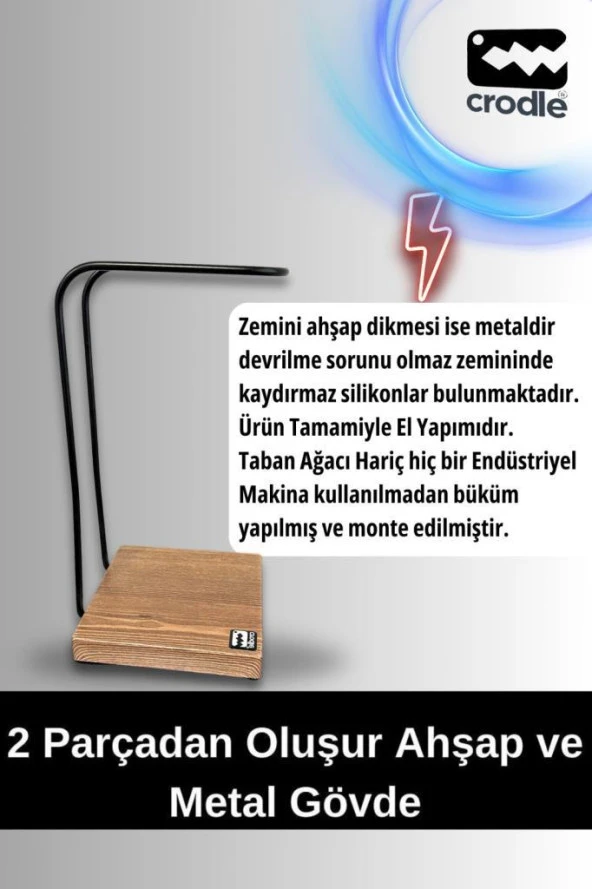 Ceviz Ahşap Ve Siyah Metal Gaming Kulaklık Dikey Standı - 3