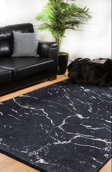 İskandinav Siyah Mermer Desen Dijital Baskı Hipoalerjenik Kaymaz Taban Halı Yolluk - Resim 6