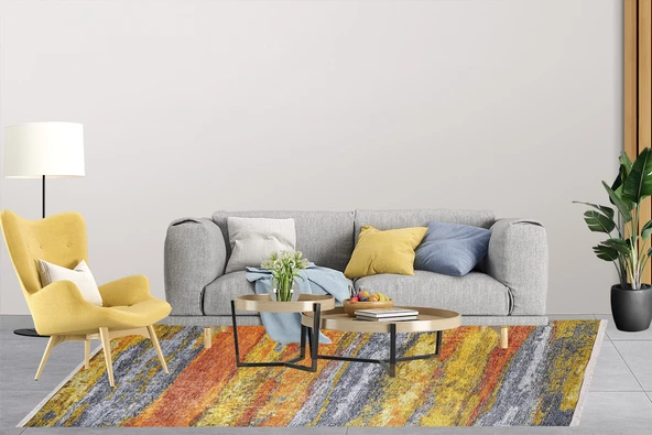 Modern Turuncu Dijital Baskı Hipoalerjenik Kaymaz Taban Halı Yolluk - Resim 2