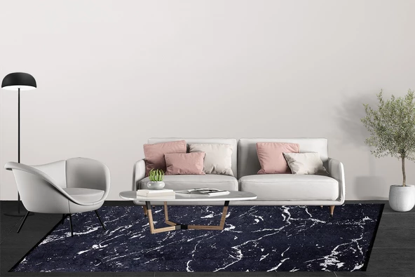 İskandinav Siyah Mermer Desen Dijital Baskı Hipoalerjenik Kaymaz Taban Halı Yolluk - Resim 5