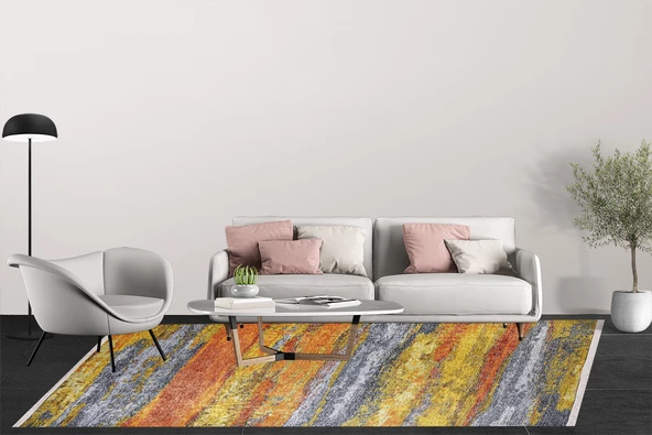 Modern Turuncu Dijital Baskı Hipoalerjenik Kaymaz Taban Halı Yolluk - Resim 4