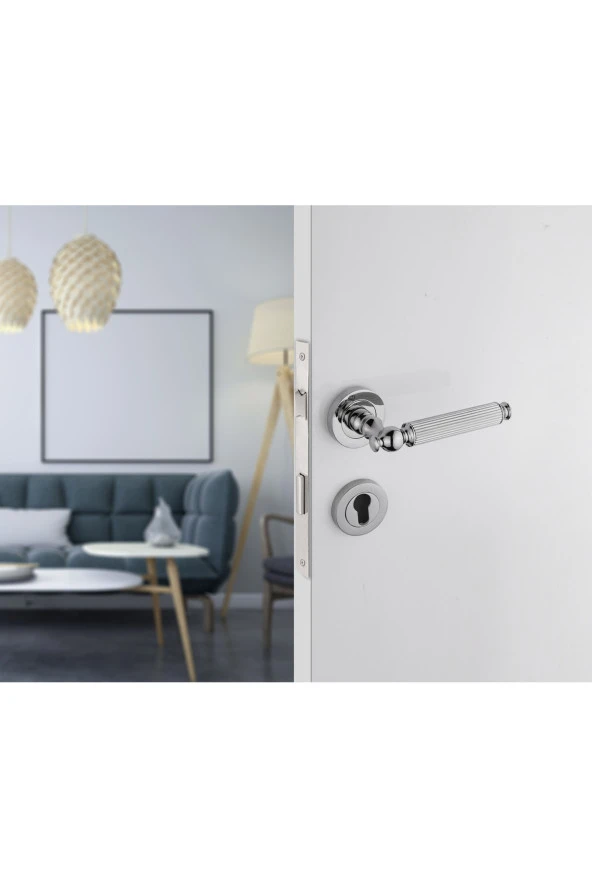 Hanedan Çizgili Rozetli Krom Yale Kapı Kolu Sağ Aşağı Basar Tek Yön - Resim 2