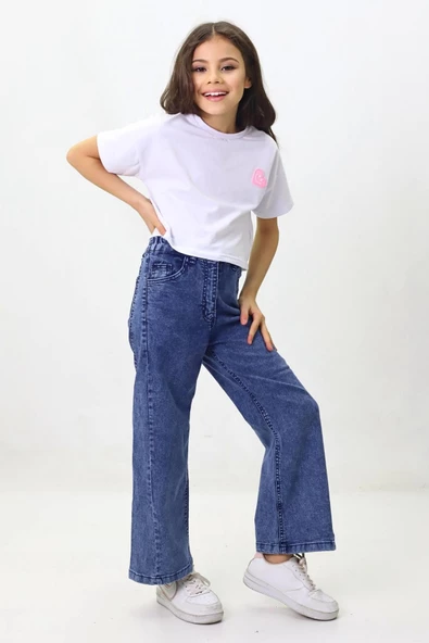 Kız Çocuk Mavi Siyah Geniş Paça Kot Pantolon - 2