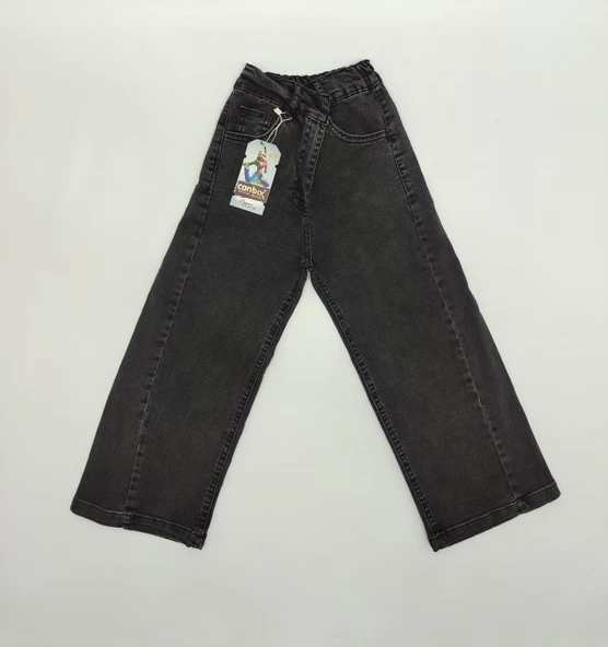 Kız Çocuk Mavi Siyah Geniş Paça Kot Pantolon - 5