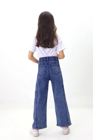 Kız Çocuk Mavi Siyah Geniş Paça Kot Pantolon - 4