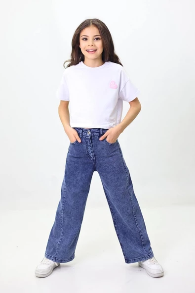 Kız Çocuk Mavi Siyah Geniş Paça Kot Pantolon - 3