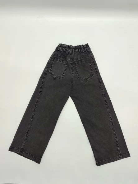 Kız Çocuk Mavi Siyah Geniş Paça Kot Pantolon - 7