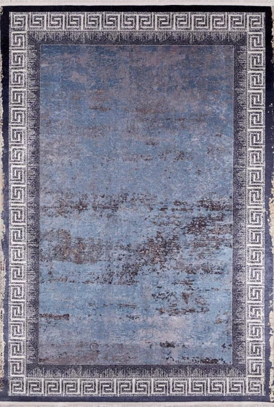 Modern Mavi Gri Çerçeveli Dijital Baskı Hipoalerjenik Kaymaz Taban Halı Yolluk ürün görseli