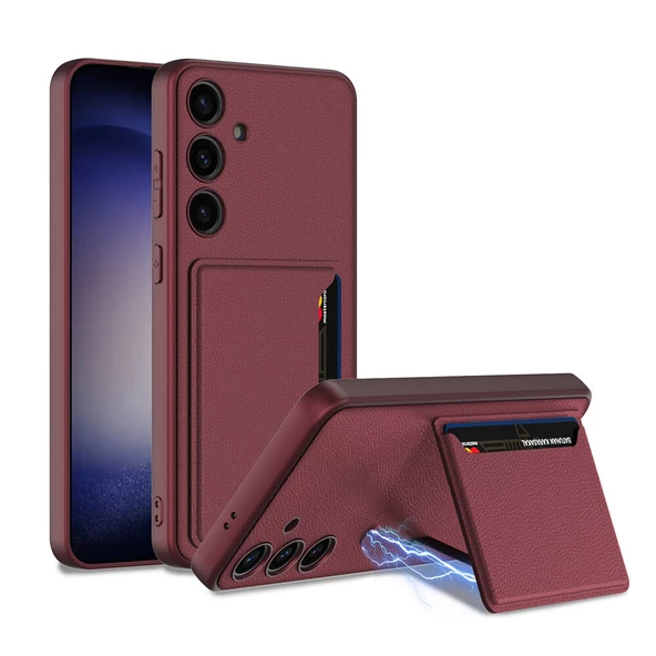 Vendas Samsung Galaxy S24 Plus Suni Deri Arka Yüzey Sürgülü Kamera Korumalı Zore Kartlıklı Kıpta Silikon Kapak - 3