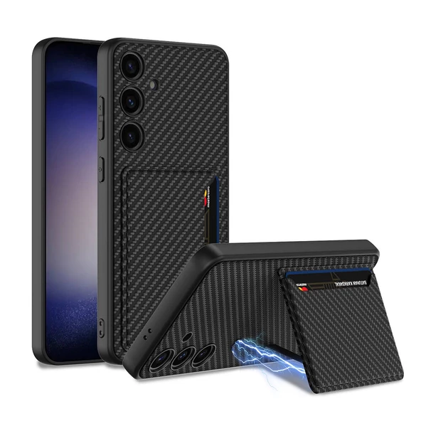 Vendas Samsung Galaxy S24 Plus Suni Deri Arka Yüzey Sürgülü Kamera Korumalı Zore Kartlıklı Kıpta Silikon Kapak - 2