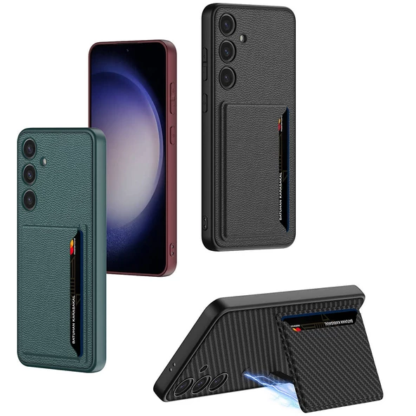 Vendas Samsung Galaxy S24 Plus Suni Deri Arka Yüzey Sürgülü Kamera Korumalı Zore Kartlıklı Kıpta Silikon Kapak - 12