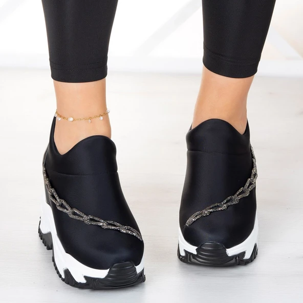 Erkan Saçmacı Maggie Siyah Streç Gümüş Zincirli Gizli Dolgu Günlük Ayakkabı - Resim 4