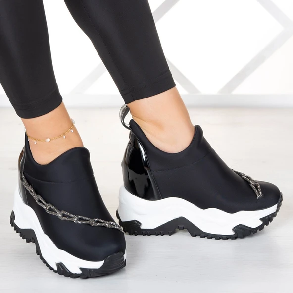 Erkan Saçmacı Maggie Siyah Streç Gümüş Zincirli Gizli Dolgu Günlük Ayakkabı - Resim 2