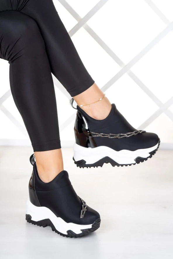 Erkan Saçmacı Maggie Siyah Streç Gümüş Zincirli Gizli Dolgu Spor Ayakkabı