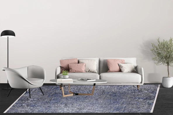 Modern Mavi Dijital Baskı Hipoalerjenik Kaymaz Taban Halı Yolluk - Resim 5