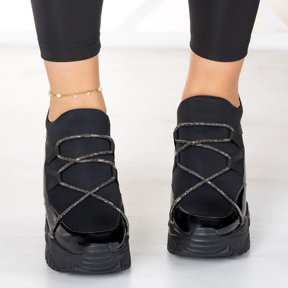 Erkan Saçmacı Mevira Siyah Rugan Streç Gümüş Zincirli Gizli Dolgu Topuklu Günlük Ayakkabı - 4