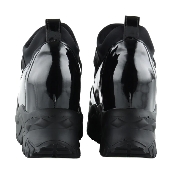 Erkan Saçmacı Mevira Siyah Rugan Streç Gümüş Zincirli Gizli Dolgu Topuklu Günlük Ayakkabı - 5