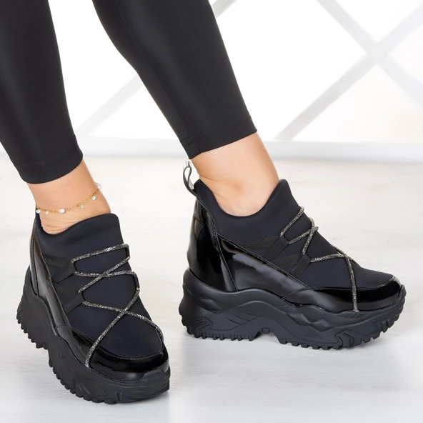 Erkan Saçmacı Mevira Siyah Rugan Streç Gümüş Zincirli Gizli Dolgu Topuklu Günlük Ayakkabı - 2