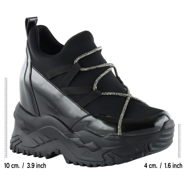 Erkan Saçmacı Mevira Siyah Rugan Streç Gümüş Zincirli Gizli Dolgu Topuklu Günlük Ayakkabı - 3