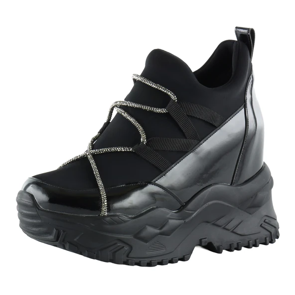 Erkan Saçmacı Mevira Siyah Rugan Streç Gümüş Zincirli Gizli Dolgu Topuklu Günlük Ayakkabı