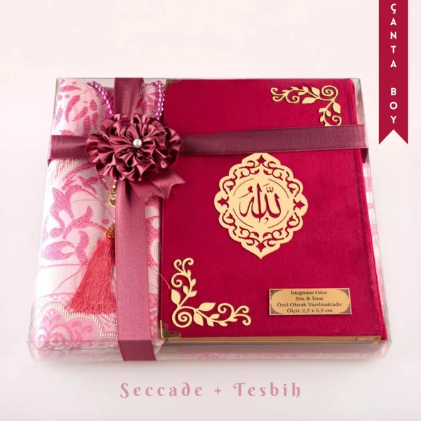 Seccade + Tesbih + Kuran Hediye Seti (Çanta Boy, Kadife, Fuşya Pembe, Lafzatullah) ürün görseli 1