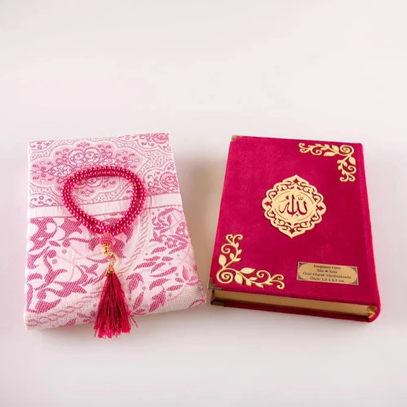 Seccade + Tesbih + Kuran Hediye Seti (Çanta Boy, Kadife, Fuşya Pembe, Lafzatullah) - Resim 3