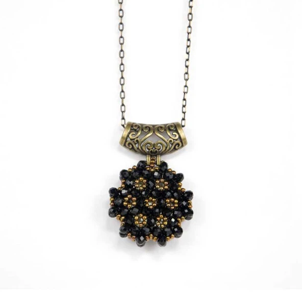 Siyah Cevşen Kolye (Kristal, Yuvarlak)