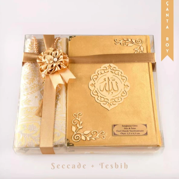 Seccade + Tesbih + Kuran Hediye Seti (Çanta Boy, Kadife, Gold, Lafzatullah)