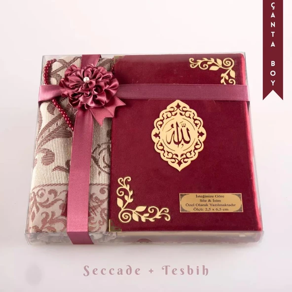 Seccade + Tesbih + Kuran Hediye Seti (Çanta Boy, Kadife, Bordo, Lafzatullah) ürün görseli 1