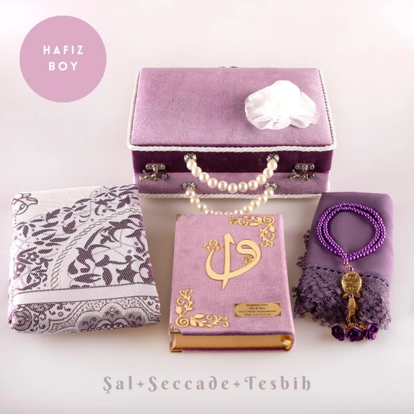 Boncuklu Kutu Çeyizlik, Şal + Seccade + Tesbih + Kuran Hediye Seti (Hafız B. Kadife, Lila) ürün görseli 1