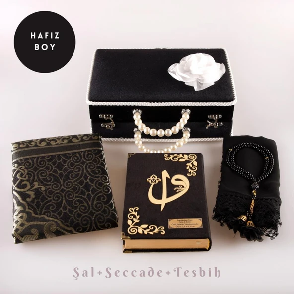 Boncuklu Kutu Çeyizlik, Şal + Seccade + Tesbih + Kuran Hediye Seti (Hafız B. Kadife, Siyah) ürün görseli 1