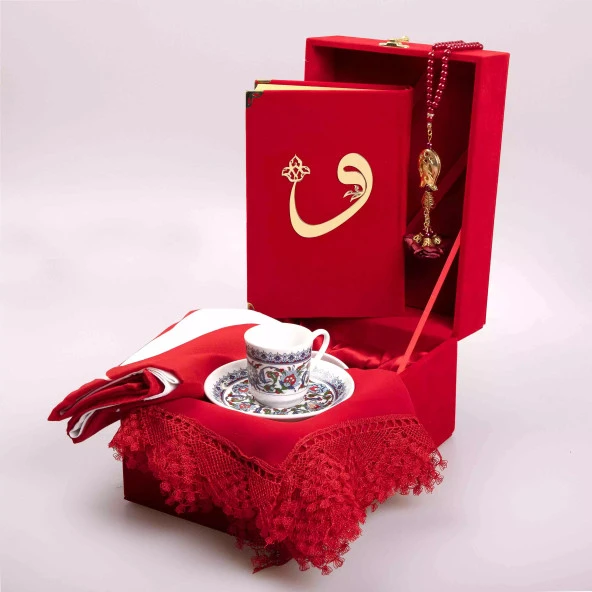Bayrak + Fincan +  Şal + Tesbih + Kuran Hediye Seti (Hafız Boy, Kırmızı, Vav Motifli)