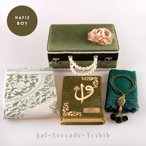 Boncuklu Kutu Çeyizlik, Şal + Seccade + Tesbih + Kuran Hediye Seti (Hafız B. Kadife, Yeşil)