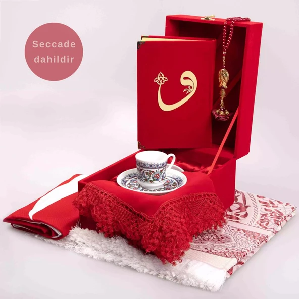 Bayrak + Fincan +  Şal + Seccade + Tesbih + Kuran Hediye Seti (Hafız Boy, Kırmızı, Vav Motifli) ürün görseli 1